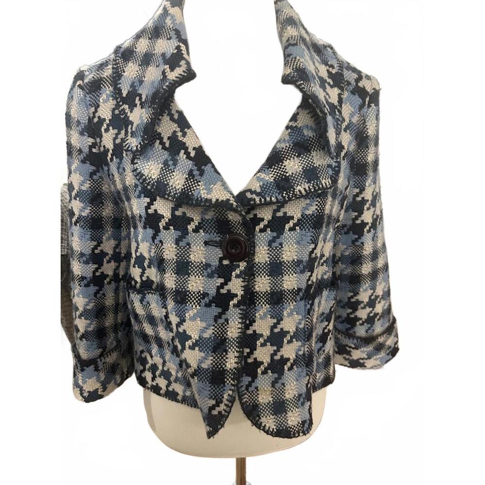 Ellen‎ Tracy Petite 12 Blue Houndstooth Wool Blend Cropped Blazer Jacket